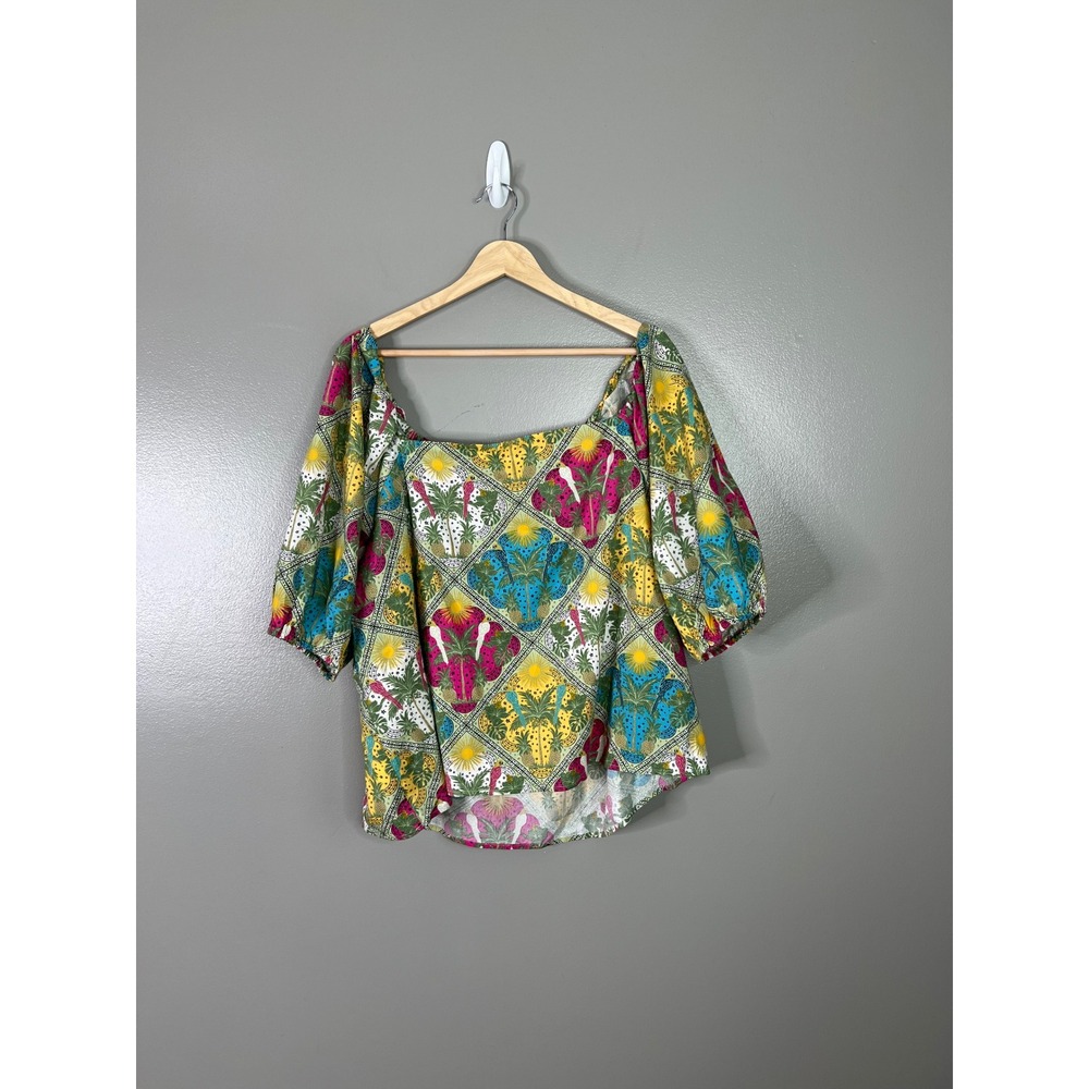 Loft palm tree pineapple print bubble sleeves blouse xxl‎ petite travel vaca